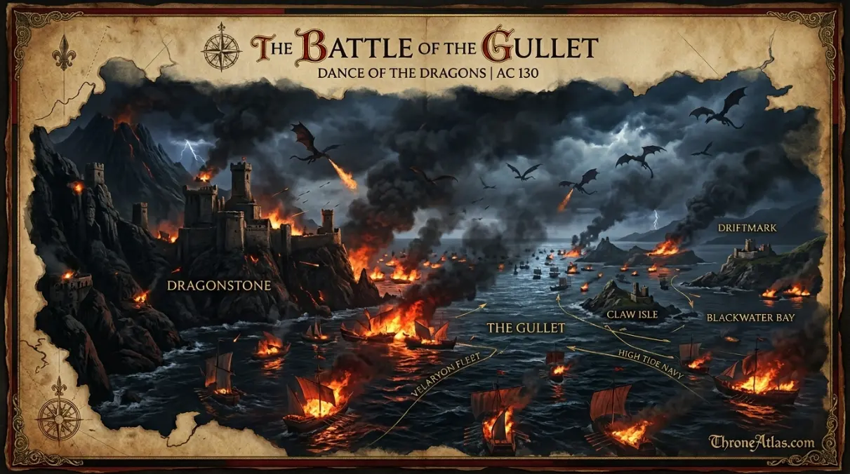 Dramatic night sky over mountains representing the dark era of the Dance of the Dragons civil war &mdash; Battle of the Gullet map background