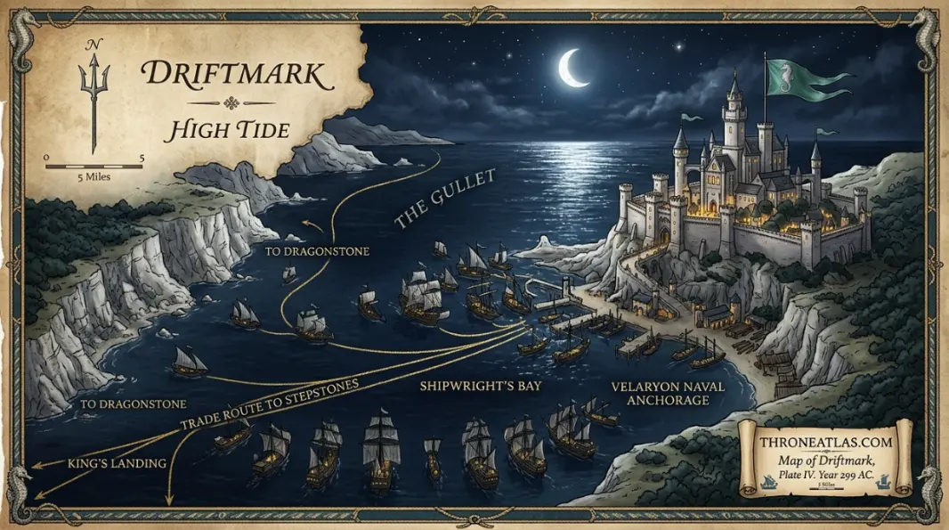 Aged parchment world map evoking the historical cartography of Westeros and Essos &mdash; used to illustrate the geographic context of the Battle of the Gullet in Fire and Blood by George R.R. Martin