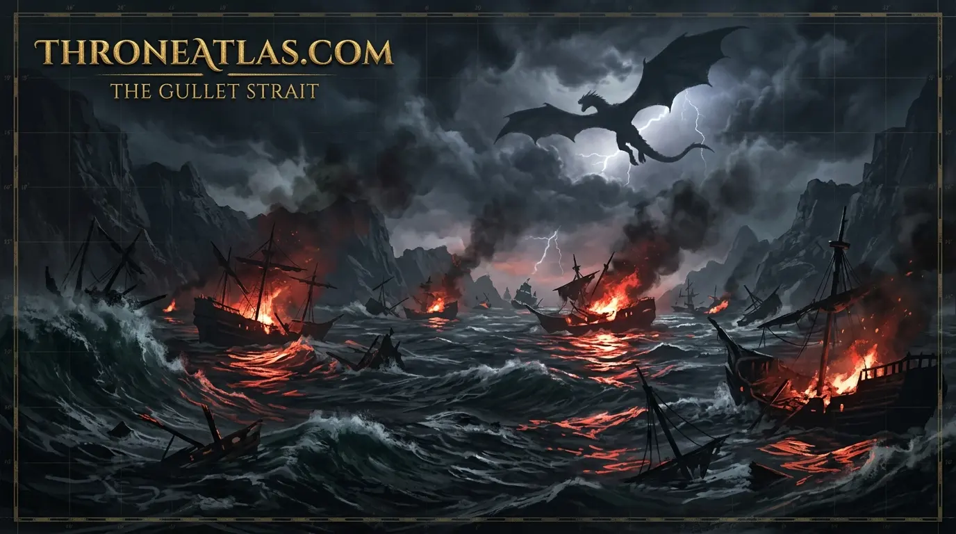 Dramatic dark ocean representing the Gullet strait &mdash; the narrow waterway where the Battle of the Gullet took place in 130 AC during the Dance of the Dragons