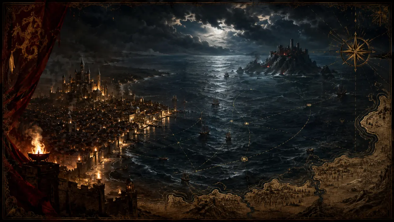 Dramatic fantasy sea and sky representing Dragonstone and Driftmark naval pressure on the Blackwater Bay map