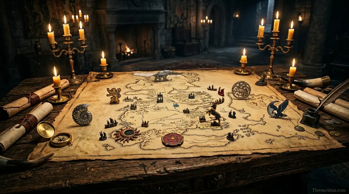 Game of Thrones houses map table with fantasy house tokens, candles, compass, and ThroneAtlas branding