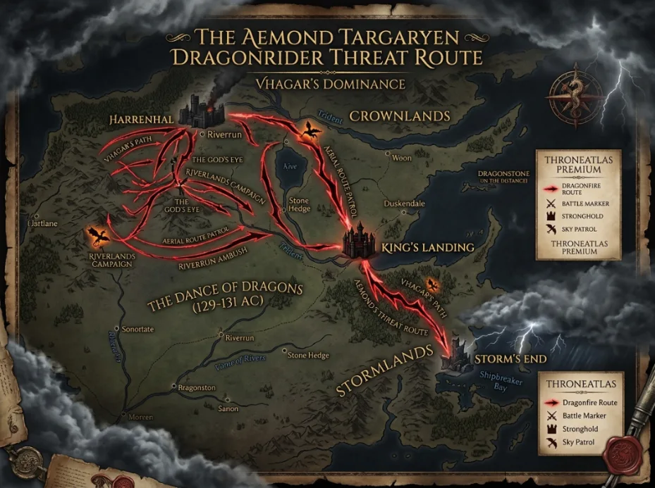 ThroneAtlas Aemond Targaryen route placeholder showing a dragonrider path through King’s Landing, Storm’s End, Harrenhal, and the wider Dance of the Dragons