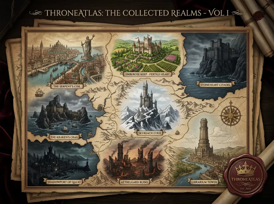 ThroneAtlas locations hub placeholder showing Braavos, Highgarden, Casterly Rock, The Eyrie, Iron Islands, Asshai, Old Valyria, and old-world map markers