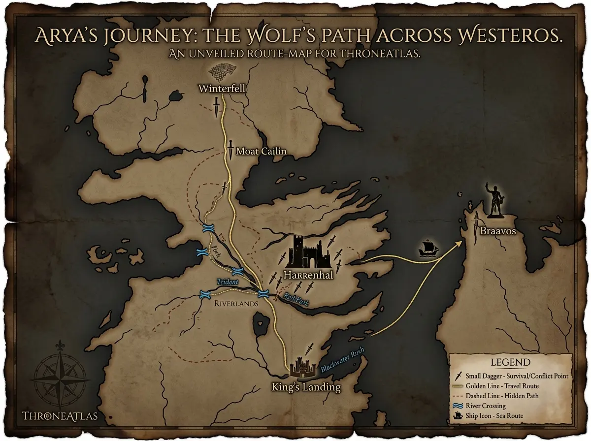 ThroneAtlas Arya Stark route placeholder showing a survival road map from Winterfell to King’s Landing, the Riverlands, Harrenhal, Braavos, and back North