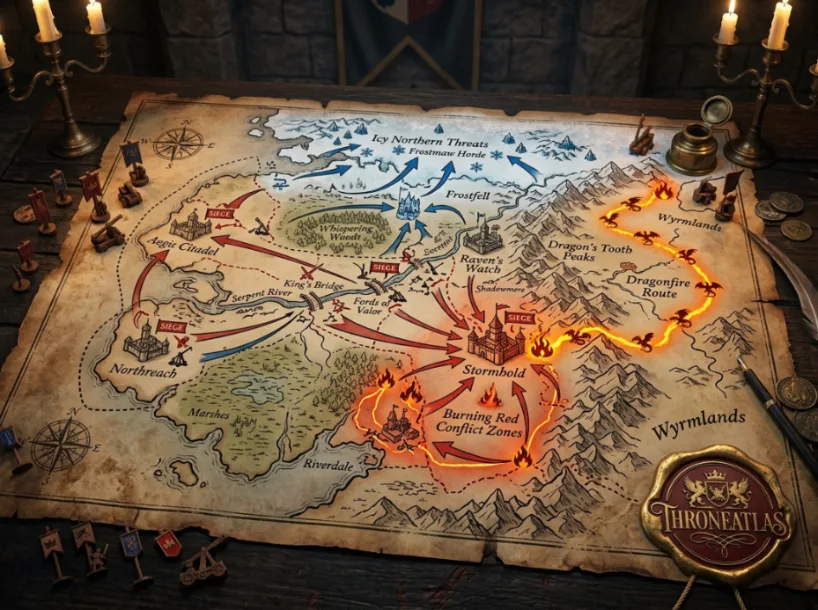 ThroneAtlas battle maps hub showing army routes, siege markers, river crossings, burning conflict zones, castle defenses, and dark war-table styling