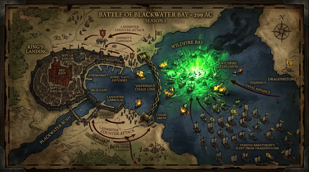 Battle of Blackwater map showing Stannis Baratheon's naval route from Dragonstone across Blackwater Bay to King's Landing during Game of Thrones Season 2