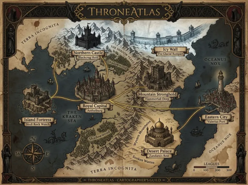 ThroneAtlas locations hub showing castles, cities, strongholds, regions, roads, coastlines, and old-world fantasy cartography