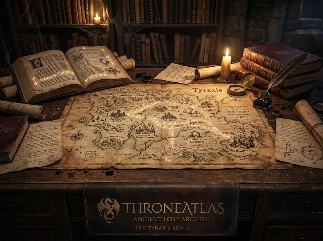 ThroneAtlas character route atlas showing glowing journey lines across castles, seas, roads, northern regions, eastern cities, and fantasy kingdoms