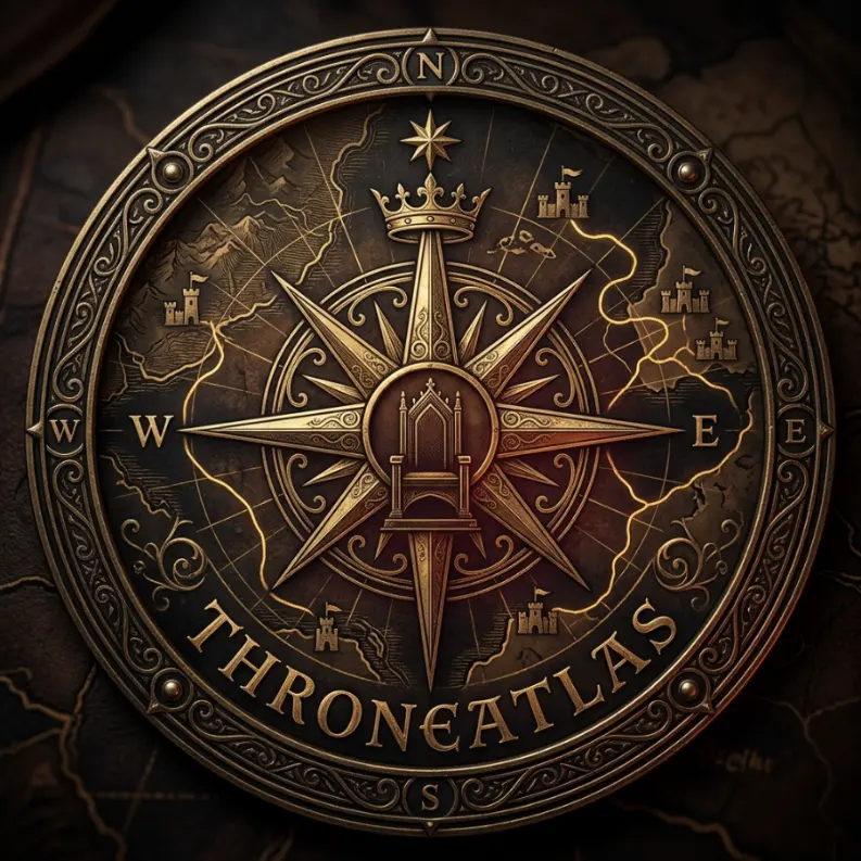 ThroneAtlas compass atlas seal with antique gold compass rose, throne-inspired emblem, dark fantasy map texture, and circular royal branding