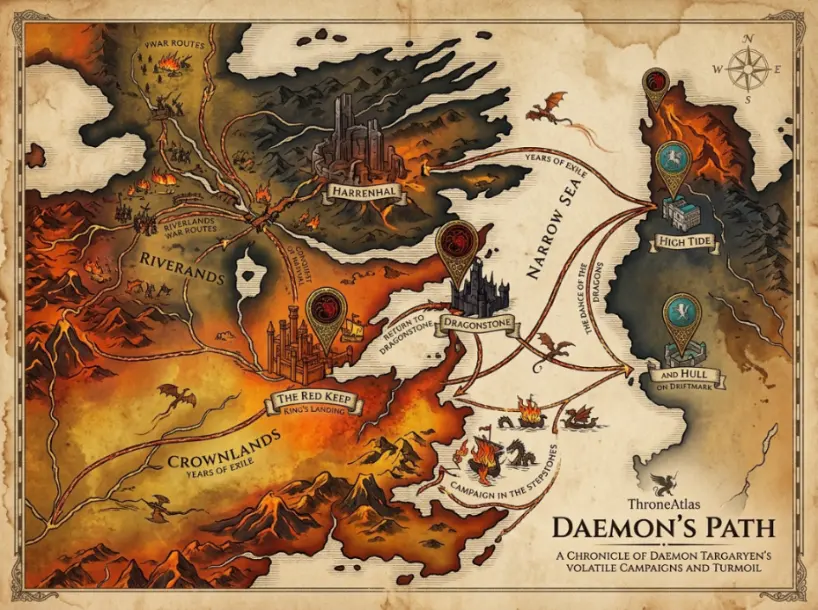 ThroneAtlas Daemon Targaryen route placeholder showing a volatile dragon-era map through King’s Landing, Dragonstone, the Stepstones, Driftmark, and Harrenhal
