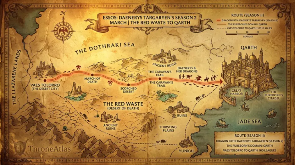 Daenerys Targaryen Season 2 route map through Essos across the Red Waste toward Qarth, in dark fantasy atlas style