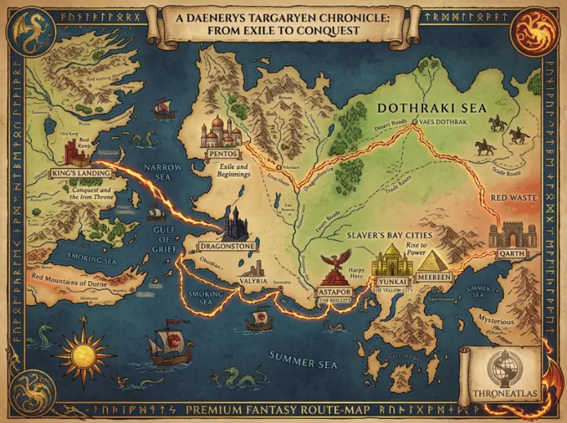 ThroneAtlas Daenerys Targaryen route placeholder showing an Essos-to-Westeros fantasy map through Pentos, the Dothraki Sea, Slaver’s Bay, Dragonstone, and King’s Landing