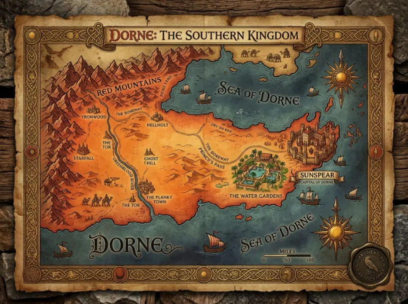 ThroneAtlas Dorne map placeholder showing a southern desert kingdom with Sunspear, red mountains, dry roads, coastline, and antique gold atlas styling