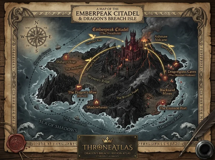 ThroneAtlas Dragonstone map card showing a volcanic island fortress, stormy sea routes, dragonglass caves, cliffs, and dragon flight lines