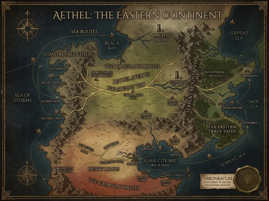 ThroneAtlas Essos map card showing free cities, grasslands, bays, deserts, trade routes, and eastern continent fantasy cartography