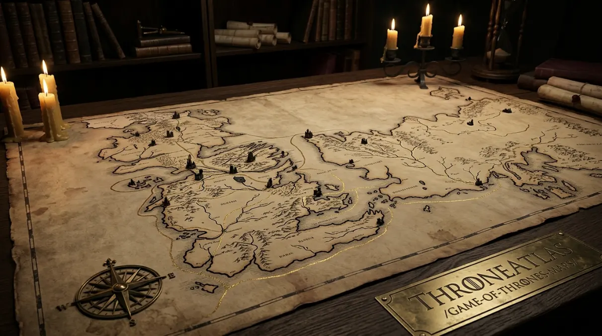 ThroneAtlas Game of Thrones maps hero image showing a dark fantasy atlas of Westeros, Essos, sea routes, castles, compass lines, and antique gold map styling