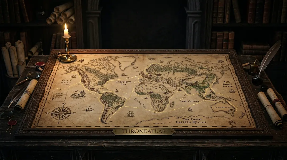 ThroneAtlas homepage hero map showing a dark fantasy atlas of Westeros and Essos with castles, sea routes, compass lines, and antique gold branding