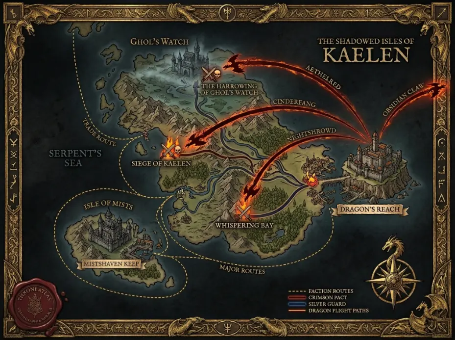 ThroneAtlas House of the Dragon map card showing dragon-era island fortress, capital city, sea routes, Riverlands, and dragon battle markers