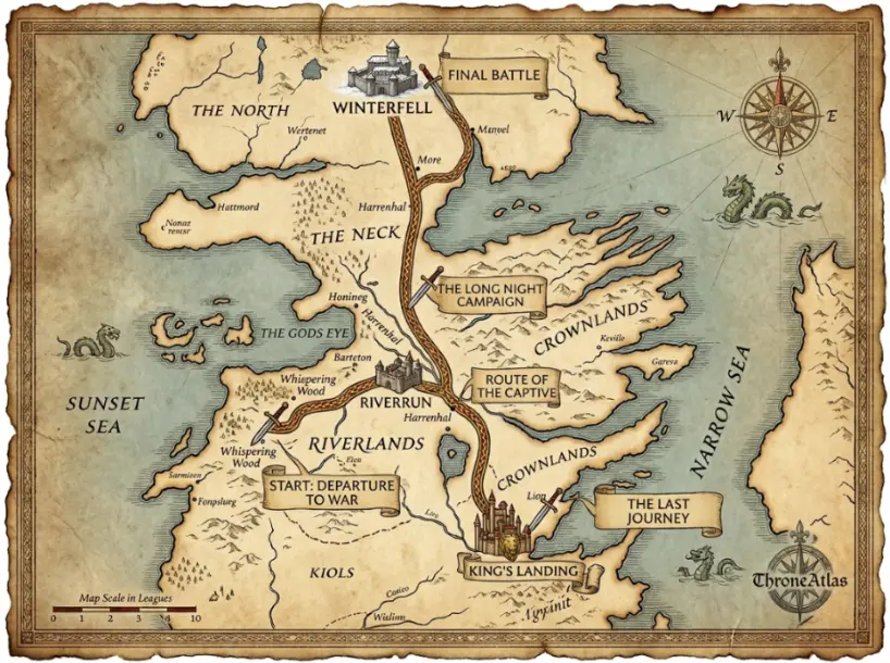 ThroneAtlas Jaime Lannister route placeholder showing an honor and return map through King’s Landing, the Riverlands, captivity, Winterfell, and final return