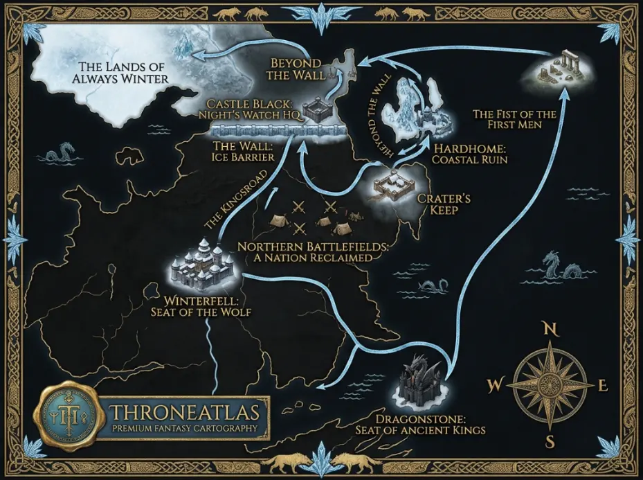 ThroneAtlas Jon Snow route placeholder showing a dark northern fantasy map from Winterfell to Castle Black, Beyond the Wall, Dragonstone, and the far North