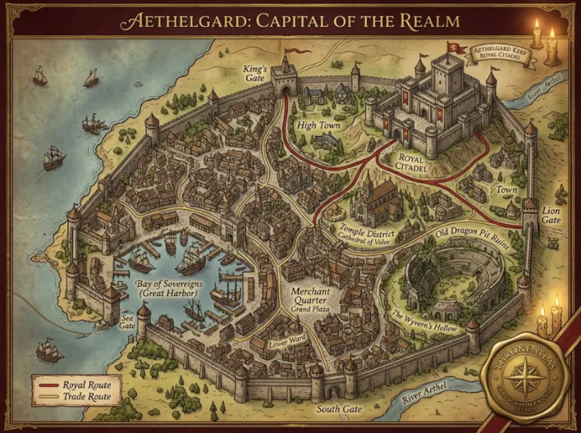 ThroneAtlas King&rsquo;s Landing map card showing a fantasy capital city with royal keep, harbor, gates, city districts, and Blackwater-style bay