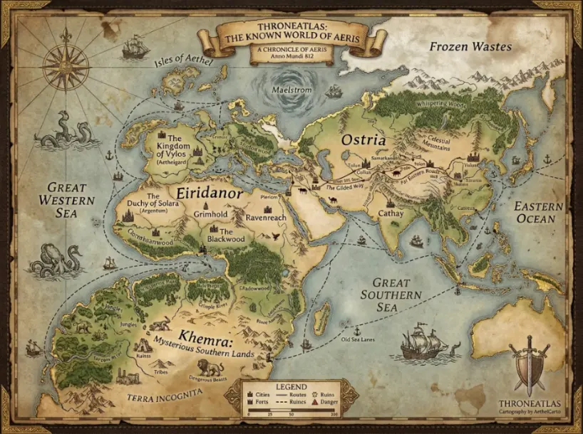 ThroneAtlas Known World map card showing western and eastern fantasy continents, seas, islands, trade routes, and outer mysteries