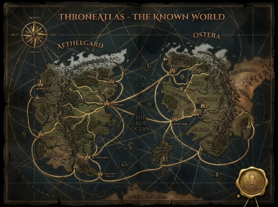 ThroneAtlas maps hub showing the Known World with Westeros, Essos, coastlines, sea routes, map borders, castles, and antique gold atlas styling