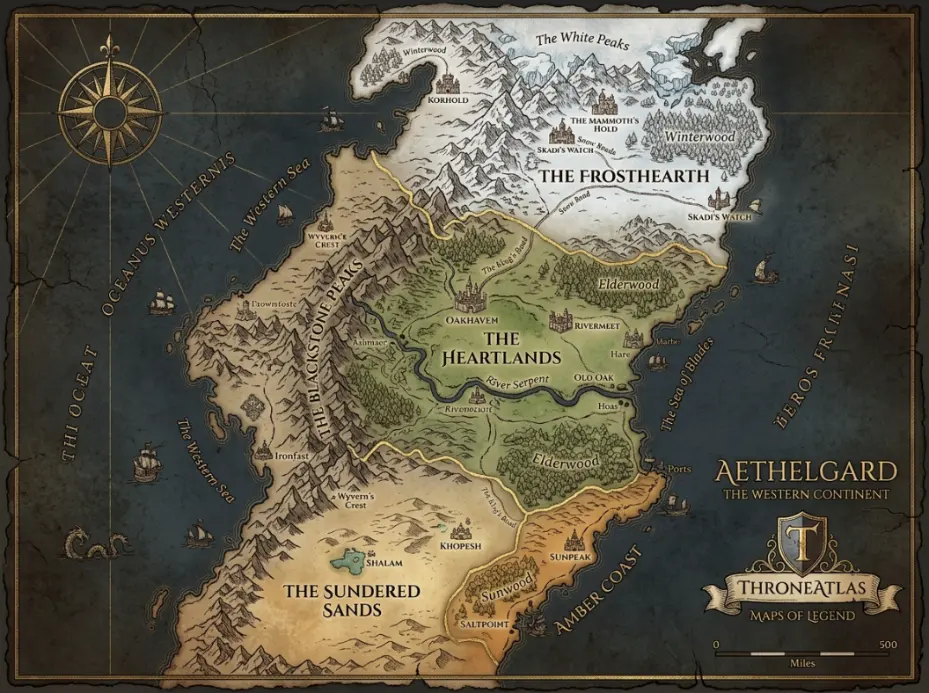 ThroneAtlas lore archive map with ancient books, parchment scrolls, mysterious ruins, dragon-route marks, old kingdom symbols, and antique gold details