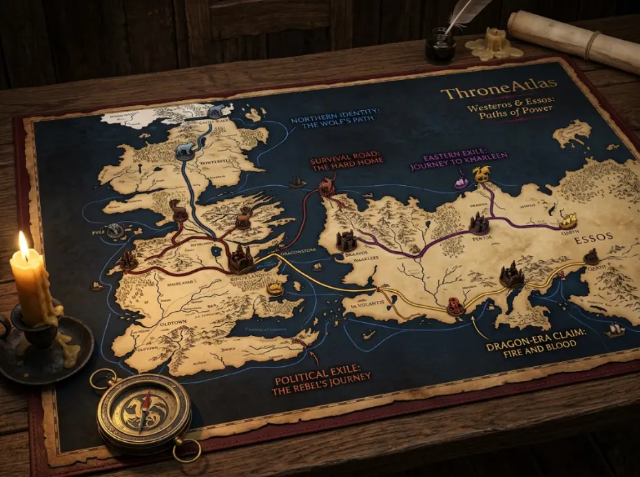 ThroneAtlas multi-character route placeholder showing colored journey lines across Westeros and Essos with character tokens, compass, parchment, and candlelit atlas styling