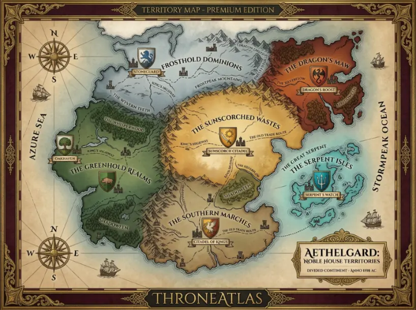 ThroneAtlas noble houses territory map with original heraldic shields, castle seats, kingdom borders, regional power zones, and antique gold lines