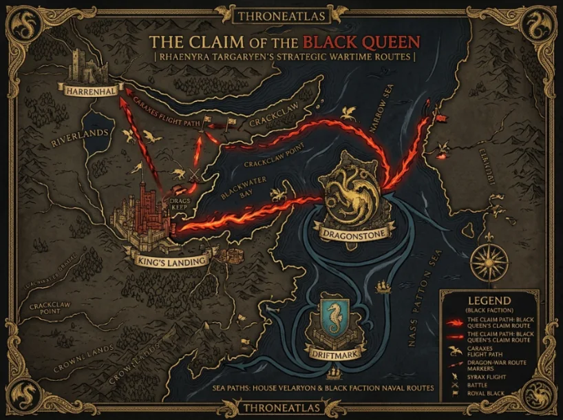 ThroneAtlas Rhaenyra Targaryen route placeholder showing a House of the Dragon claim map through King’s Landing, Dragonstone, Driftmark, and the Black faction routes