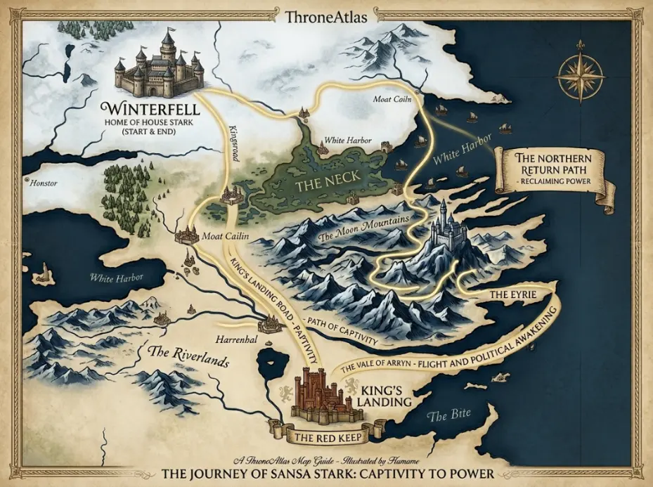 ThroneAtlas Sansa Stark route placeholder showing a captivity-to-power map from Winterfell to King’s Landing, the Vale, and the reclaimed North
