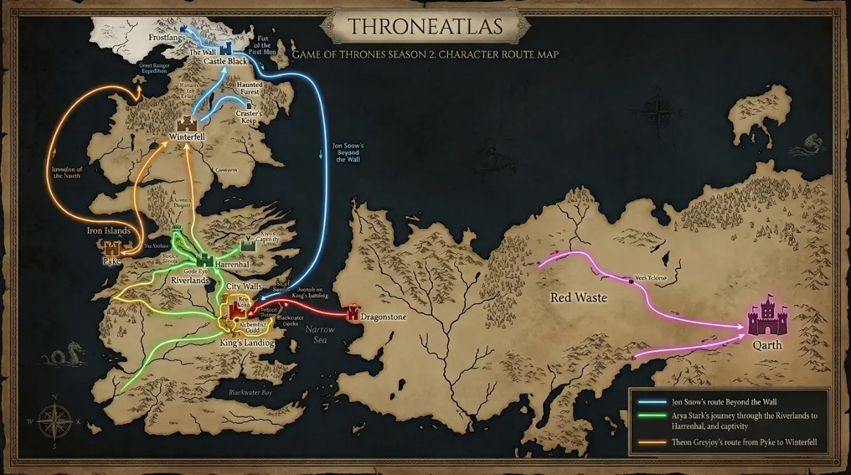 Game of Thrones Season 2 character route map showing Arya Stark, Jon Snow, Theon Greyjoy, Daenerys Targaryen, Tyrion, and Stannis Baratheon paths across Westeros and Essos