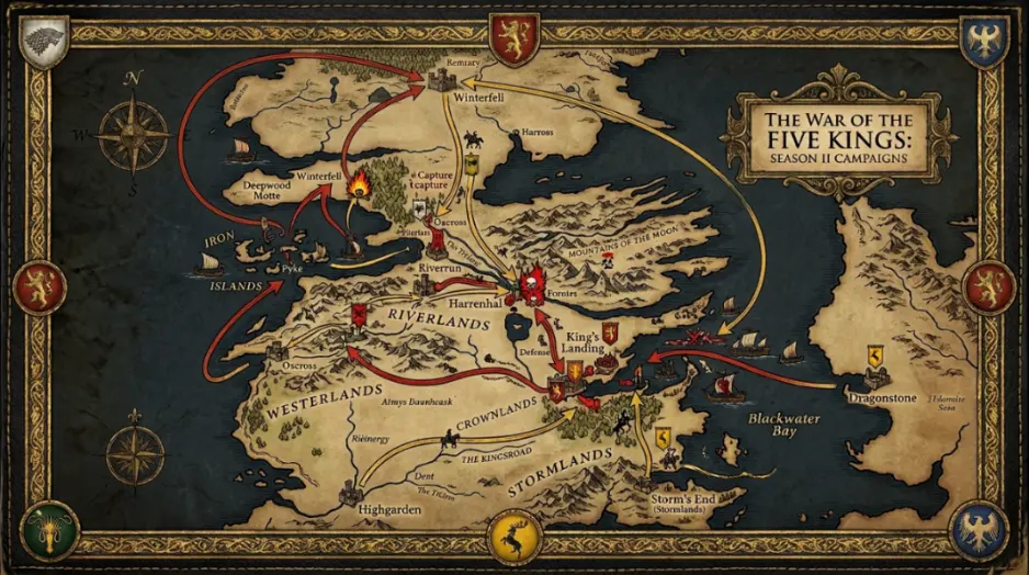 Game of Thrones Season 2 war map showing Stannis Baratheon, Robb Stark, Theon Greyjoy, and Lannister routes across Westeros