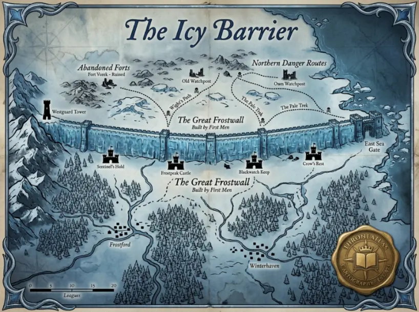 ThroneAtlas The Wall map card showing an icy northern border with Castle Black, Eastwatch, Shadow Tower, abandoned forts, and frozen danger routes