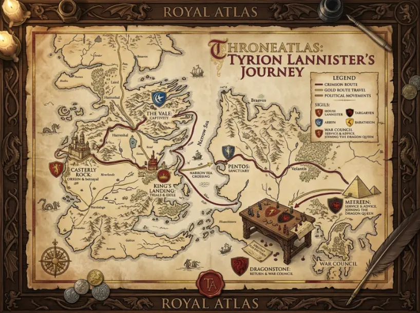 ThroneAtlas Tyrion Lannister route placeholder showing a political exile map through King’s Landing, the Vale, Essos, Meereen, Dragonstone, and war councils