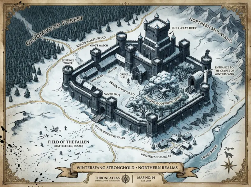 ThroneAtlas Winterfell map card showing a northern fantasy castle with godswood, crypts, snowy roads, great keep, and battlefield fields