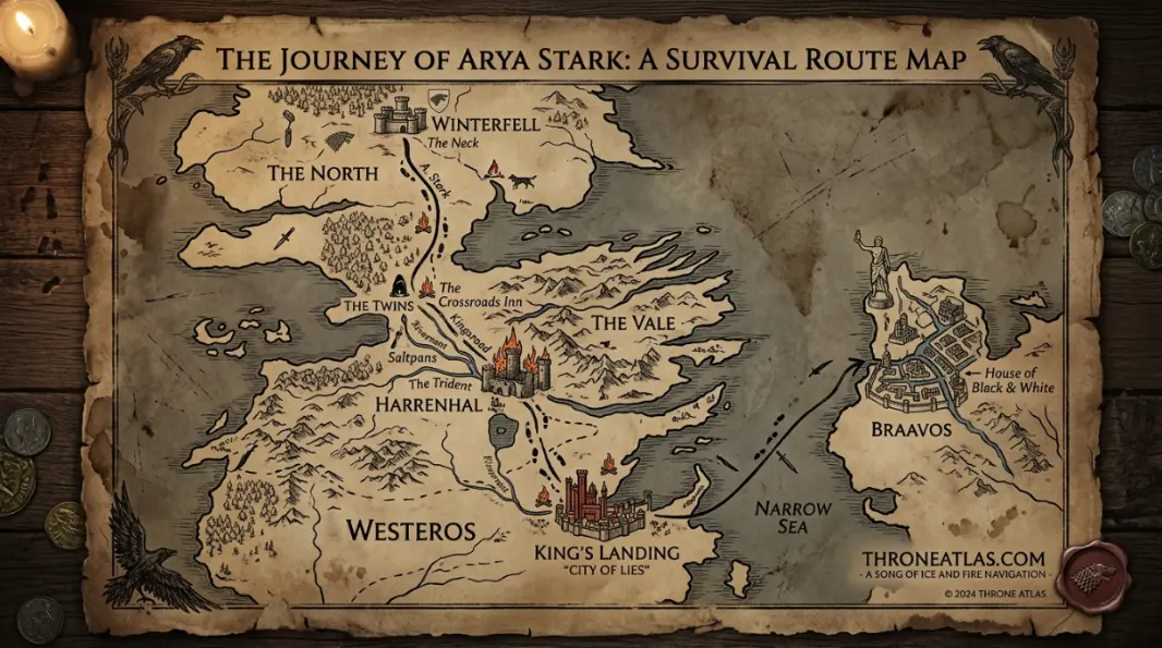 Arya Stark journey route map from Winterfell to King's Landing, the Riverlands, Harrenhal, Braavos, and the North