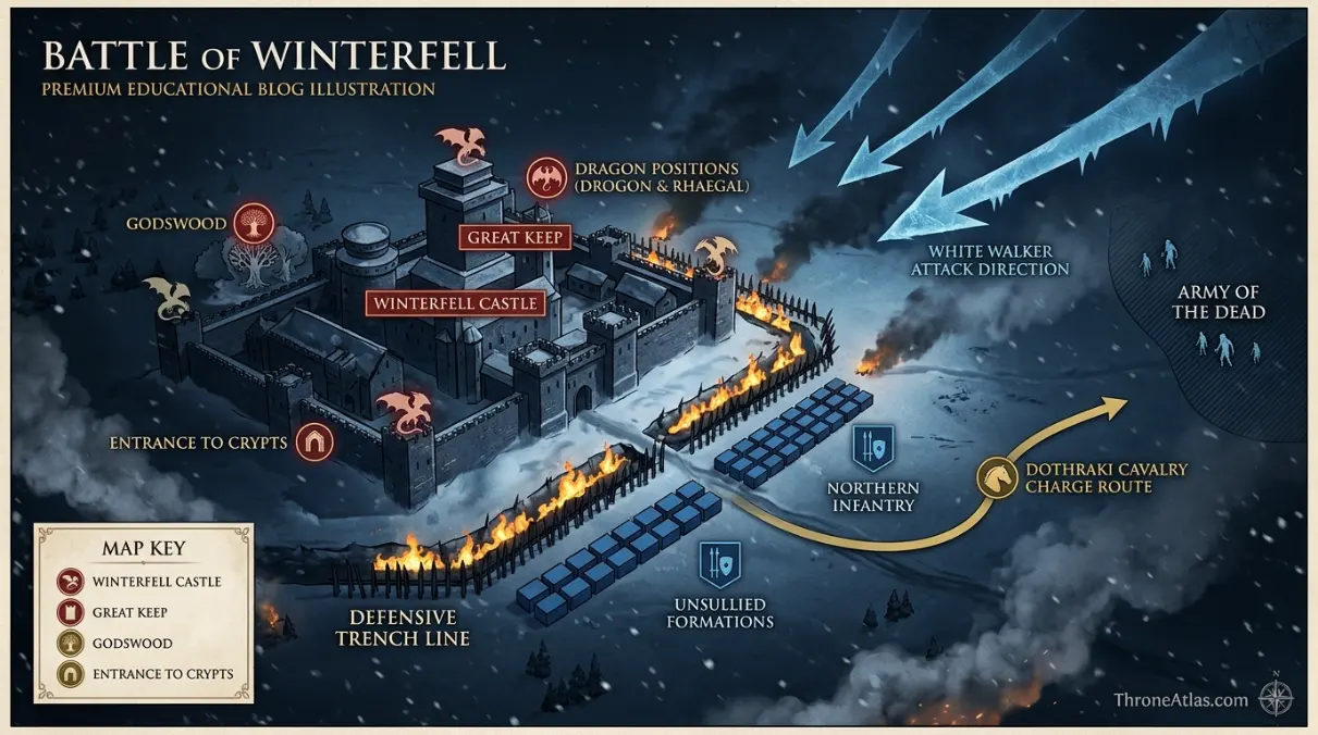 Battle of Winterfell defensive trench map with Unsullied lines and Night King attack routes