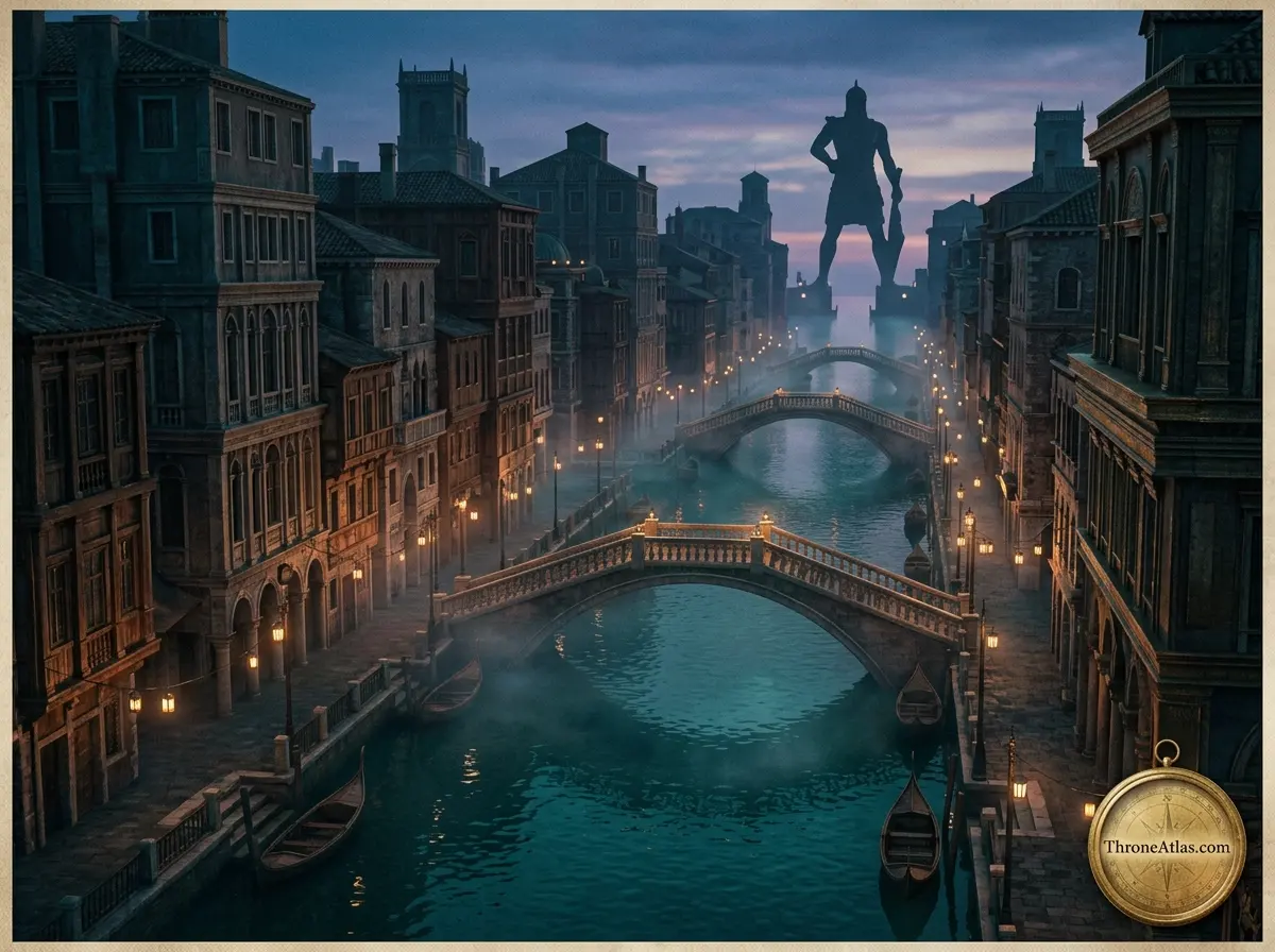 Braavos at dusk &mdash; the canal city of western Essos with the Titan of Braavos silhouetted at the harbor entrance, lanterns reflecting on dark water