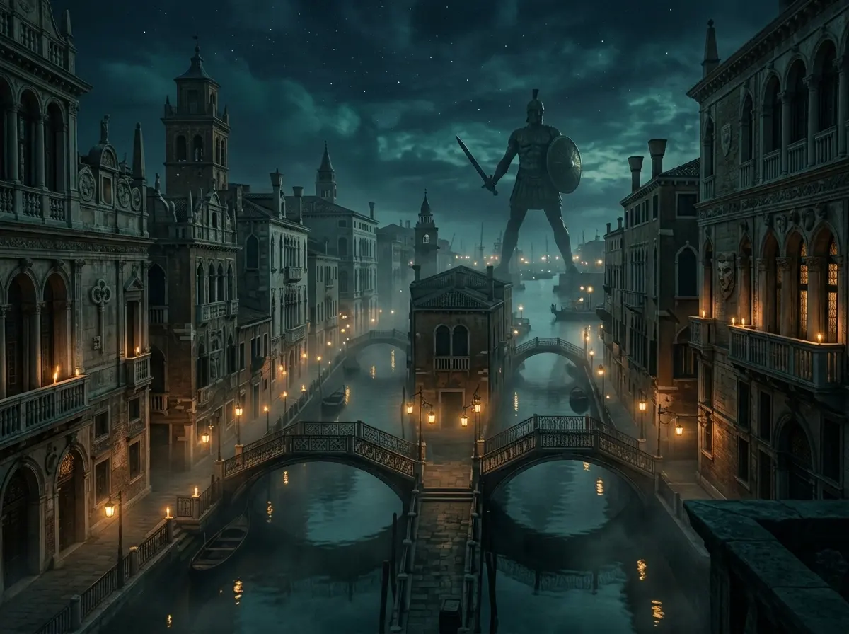 Braavos at night &mdash; the Free City's canals lit by lanterns, the silhouette of the Titan of Braavos visible at the harbor entrance, masked figures moving through fog in the city of the Iron Bank and Faceless Men