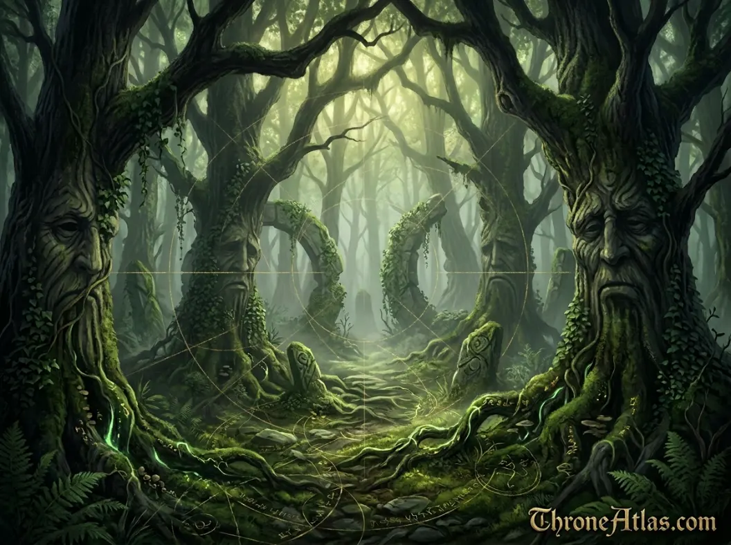 Ancient dark forest representing the Children of the Forest, weirwoods, greenseers, and old gods of Westeros