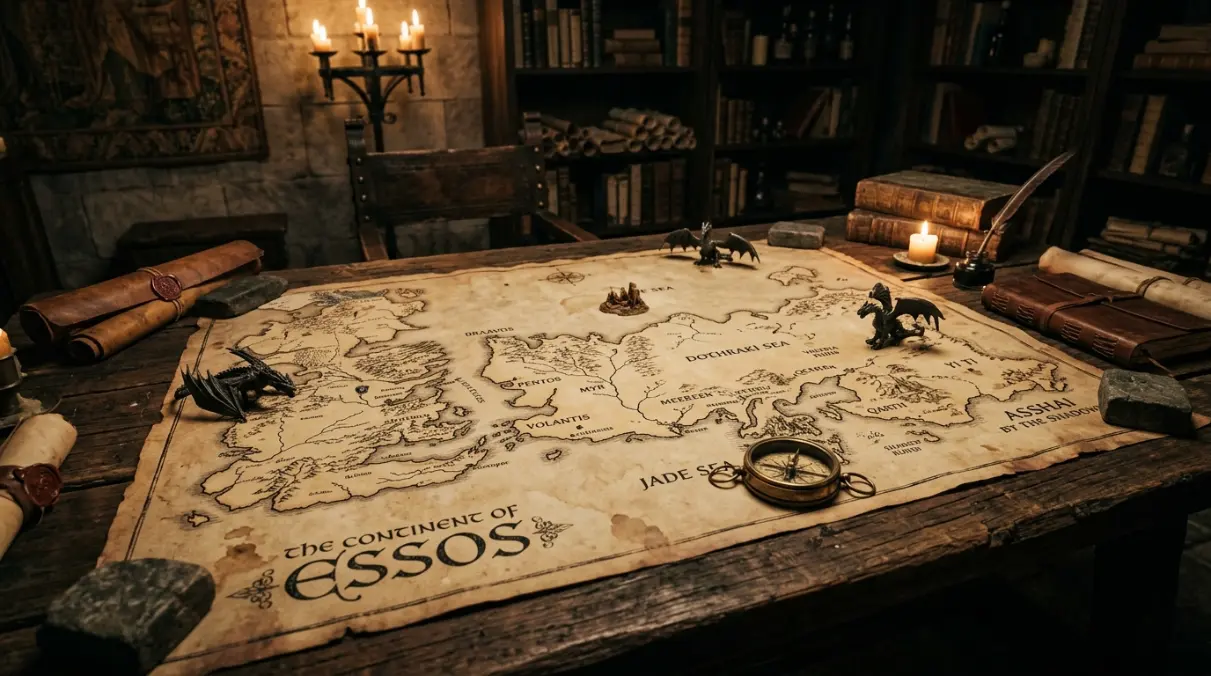 Aerial view of ancient desert terrain and stone trade routes representing the Essos map geography in Game of Thrones