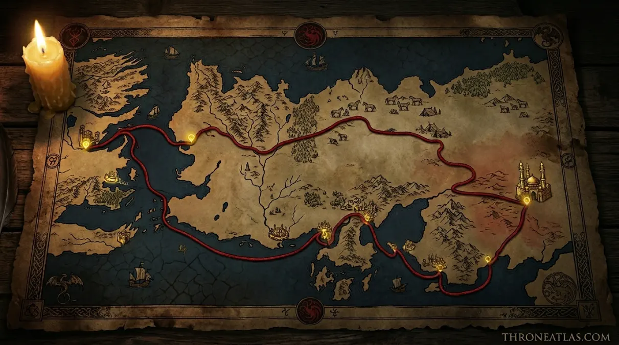 Daenerys Targaryen exile route map from Pentos across the Dothraki Sea to Meereen and Dragonstone