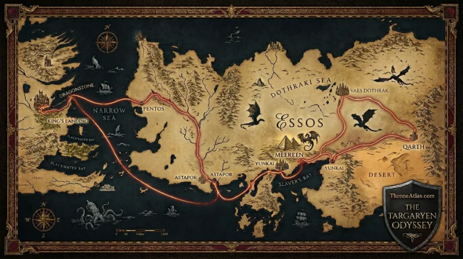 Daenerys Targaryen route map from Pentos through the Dothraki Sea, Meereen, Dragonstone, and King's Landing