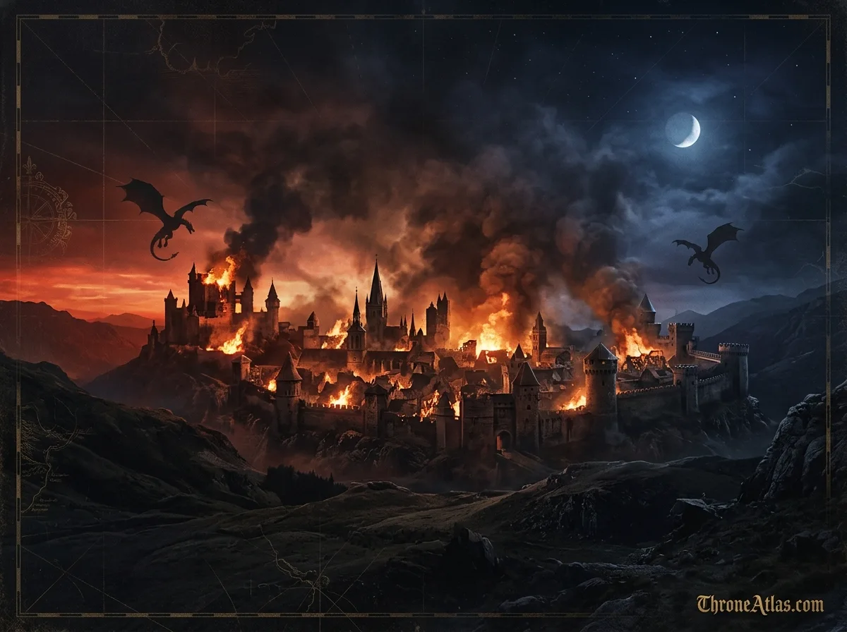 Burning city atmosphere representing the Dance of the Dragons and Targaryen civil war