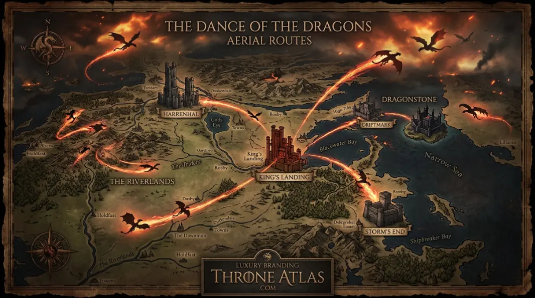 Dance of the Dragons route map showing Dragonstone, King's Landing, Driftmark, Harrenhal, and Targaryen dragon flight routes