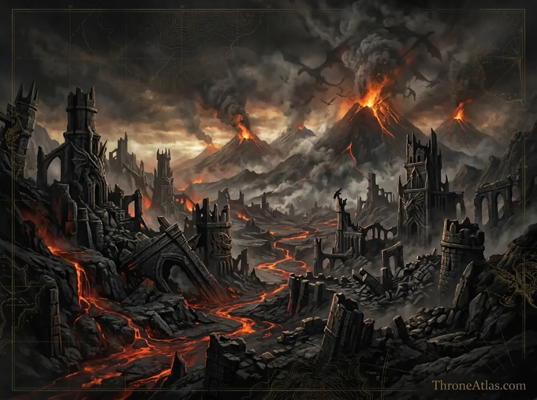 Ruined volcanic fantasy landscape representing the Doom of Valyria and lost dragonlord civilization