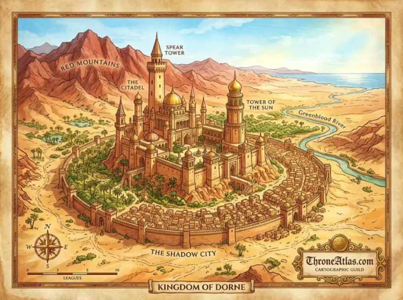 Sunspear &mdash; capital of Dorne and seat of House Martell, rising from the desert of southernmost Westeros with towers catching the fierce southern sun