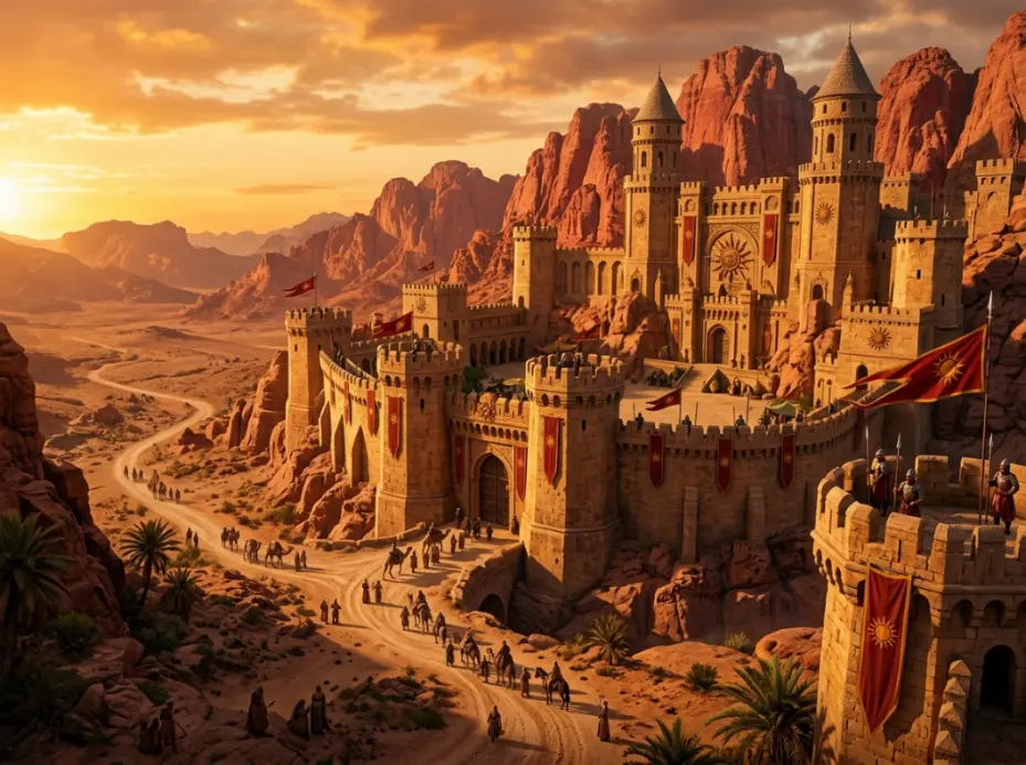 Dornish desert fortress inspired by Sunspear with red mountains and banners
